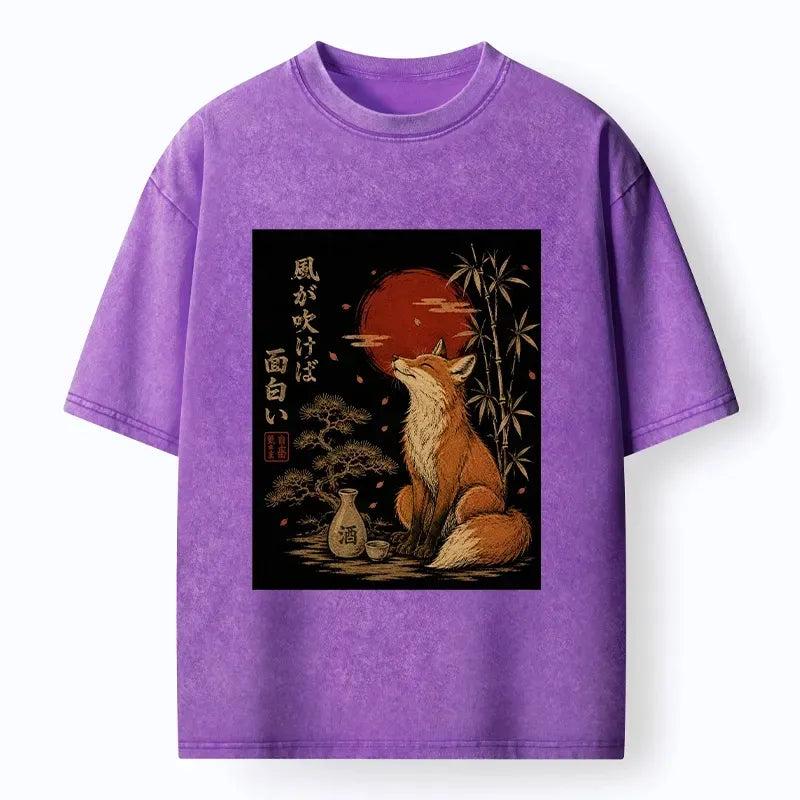 Kyoto-Lion Zen Fox Enjoying The Night Air Washed T-Shirt