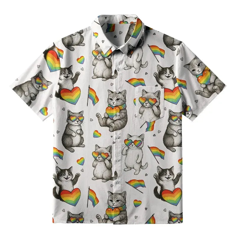 Kyoto-Lion Kawaii Pride Cat Rainbow Accessories On Button-up Shirt