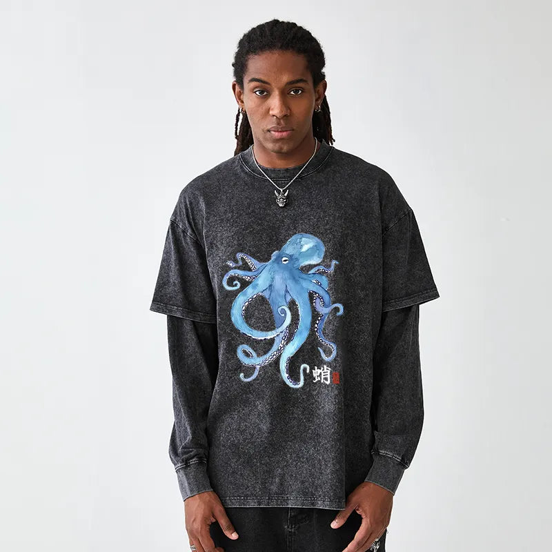 Kyoto-Lion Watercolor Blue Octopus Washed Double Layer T-Shirt