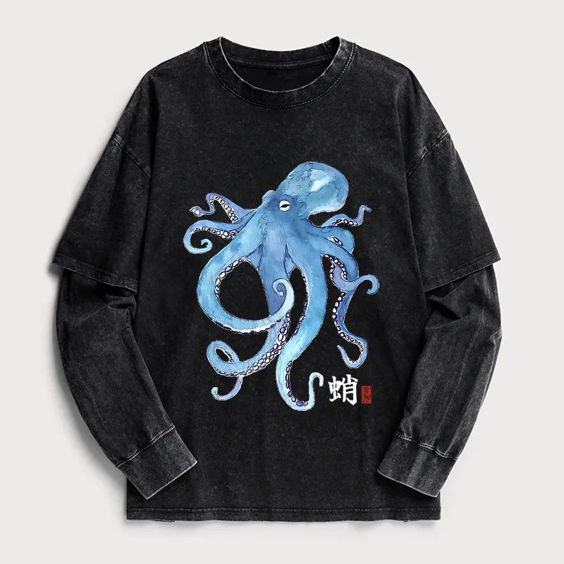 Kyoto-Lion Watercolor Blue Octopus Washed Double Layer T-Shirt