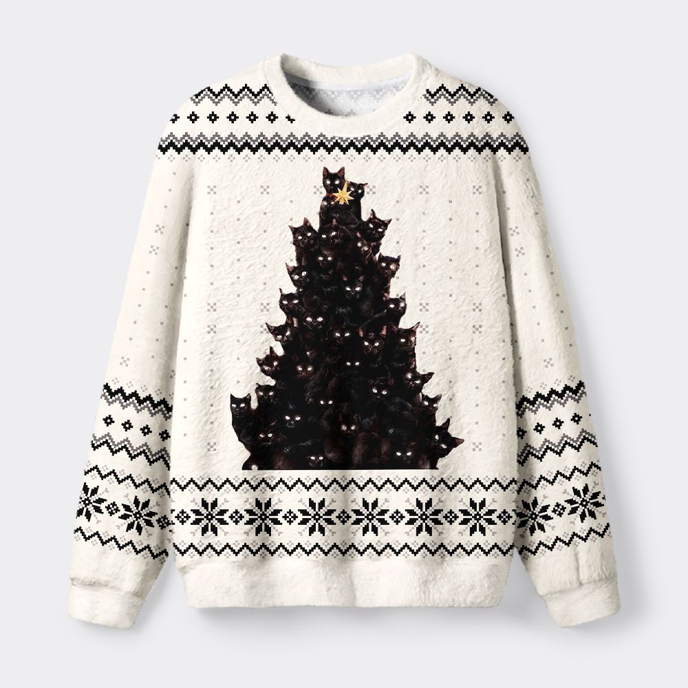 Kyoto-Lion Cat Christmas Stack Fuzzy Christmas Ugly Sweatshirt