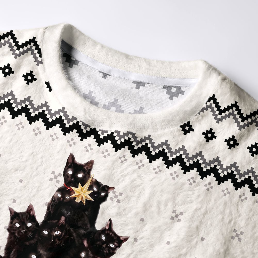 Kyoto-Lion Cat Christmas Stack Fuzzy Christmas Ugly Sweatshirt