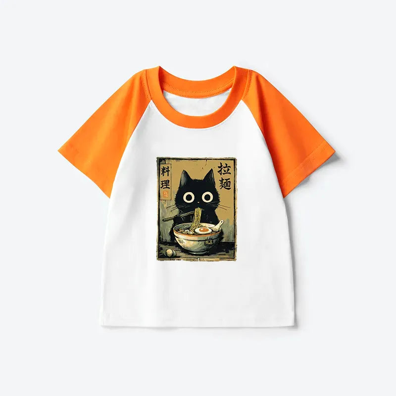Kyoto-Lion Cute Black Cat Eating Ramen Japan Kids Raglan T-shirt