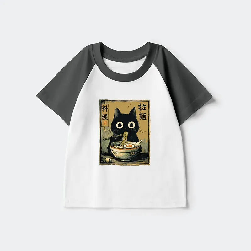 Kyoto-Lion Cute Black Cat Eating Ramen Japan Kids Raglan T-shirt