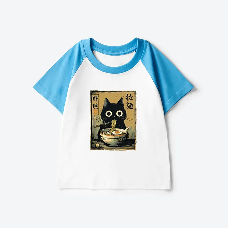 Kyoto-Lion Cute Black Cat Eating Ramen Japan Kids Raglan T-shirt