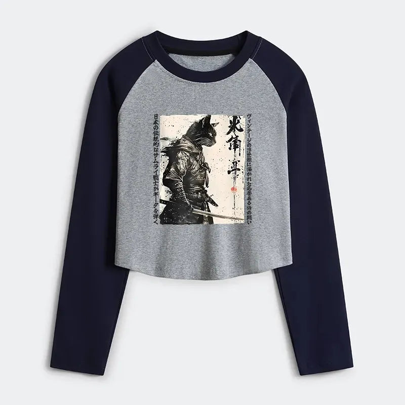 Retro Samurai Cat Crop T-Shirt for Women