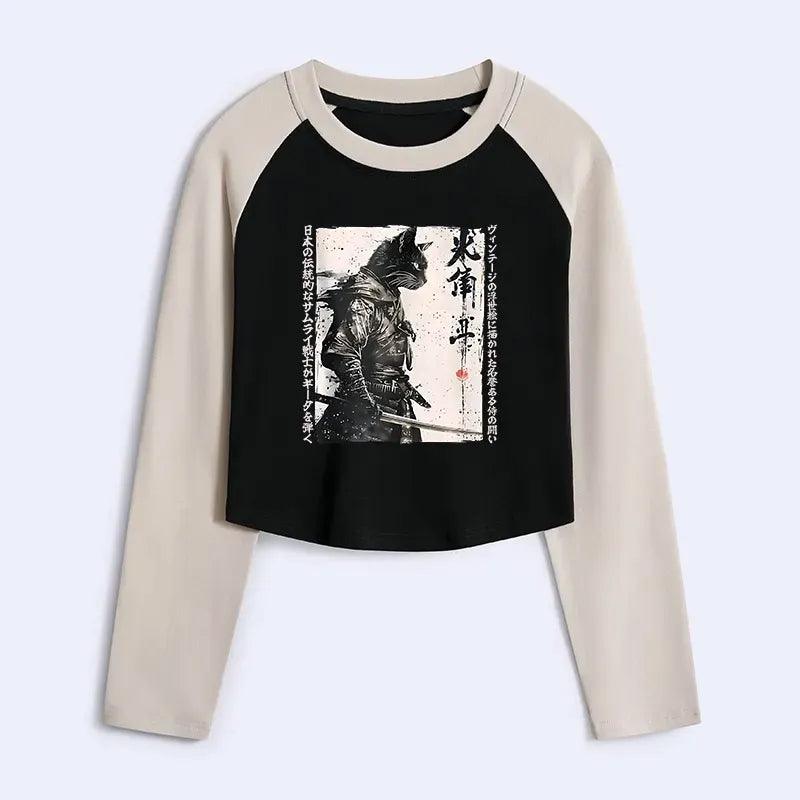 Japanese Ukiyo-e Cat Samurai Raglan Top