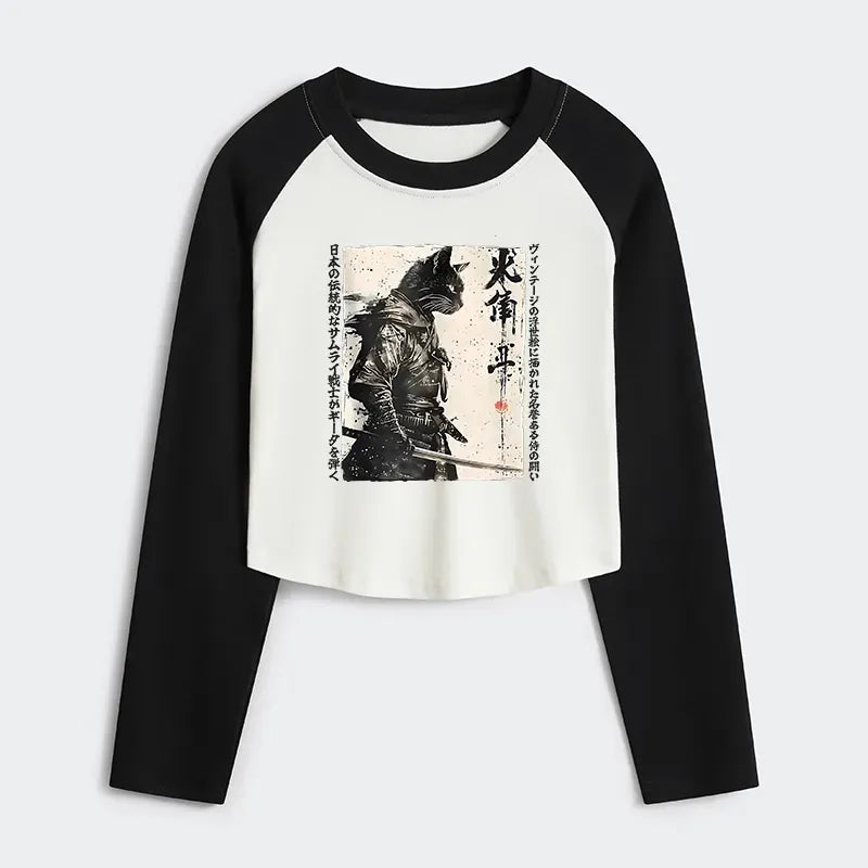 Kyoto-Lion Cat Samurai Retro Women's Crop Raglan T-Shirt