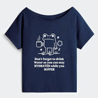Kyoto-Lion Frog Says Drink Water Off Shoulder T-Shirt