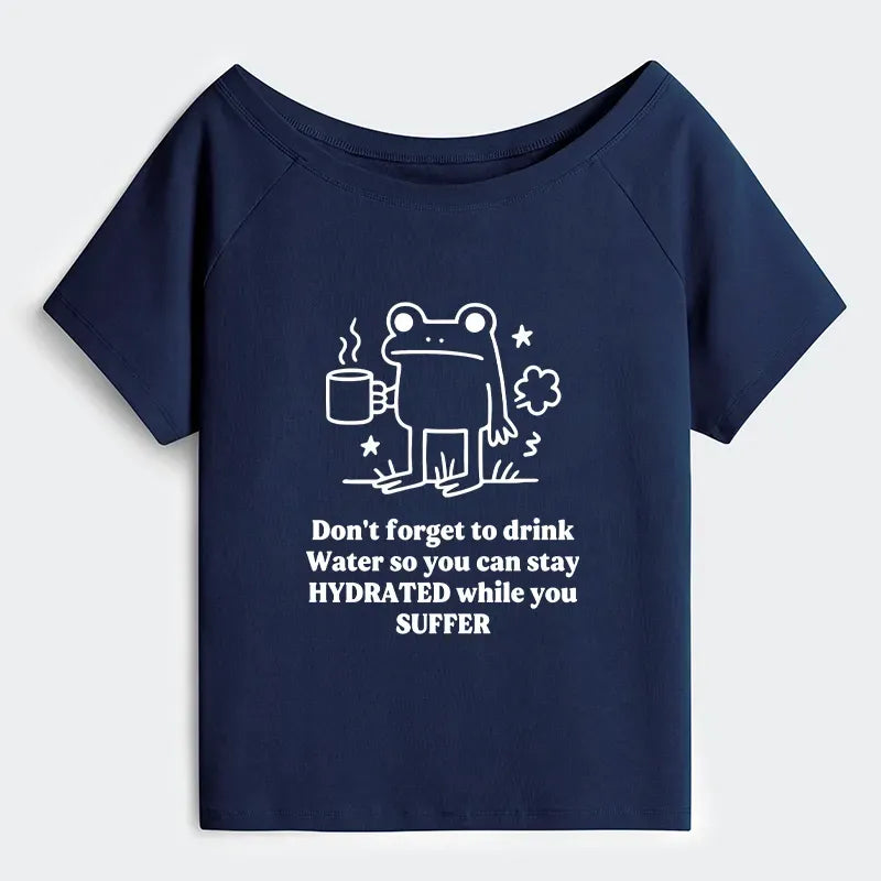 Kyoto-Lion Frog Says Drink Water Off Shoulder T-Shirt