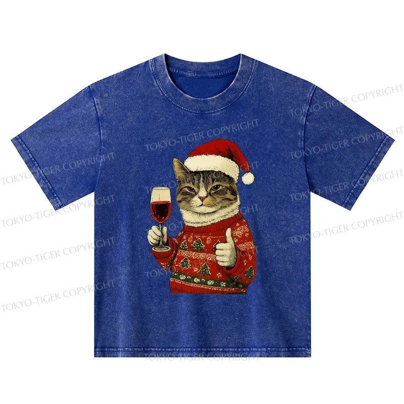 Kyoto-Lion Christmas Cat Likes Kids Washed T-Shirt