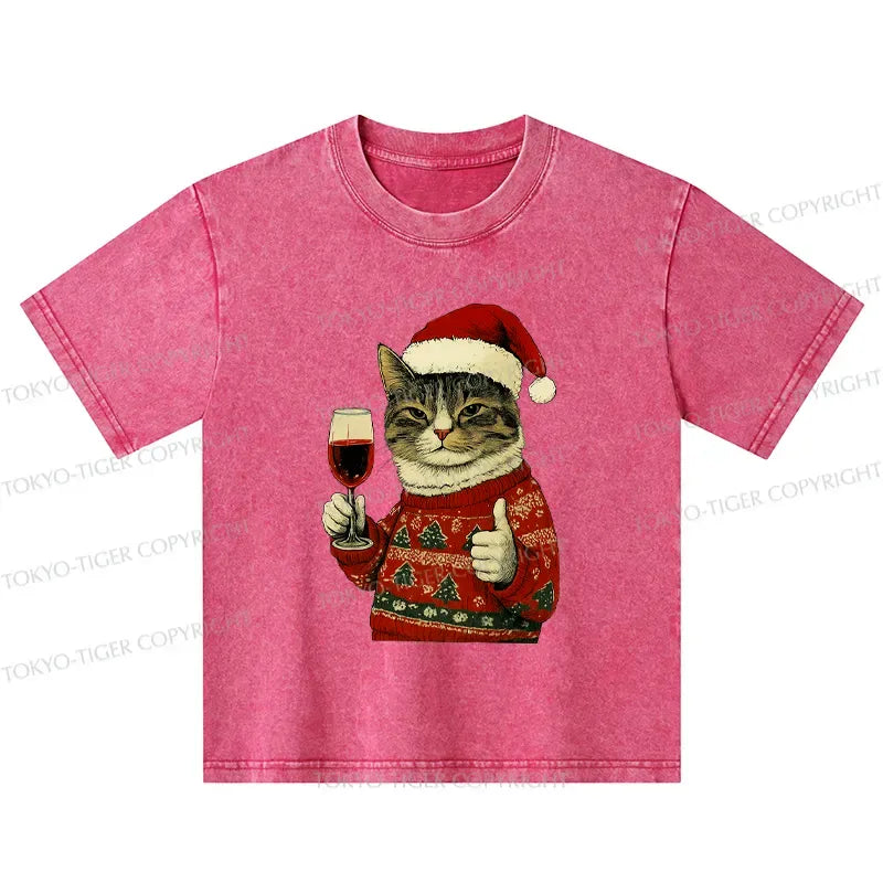 Kyoto-Lion Christmas Cat Likes Kids Washed T-Shirt