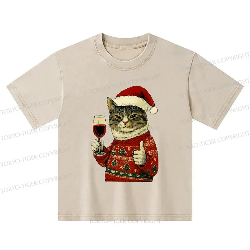 Kyoto-Lion Christmas Cat Likes Kids Washed T-Shirt