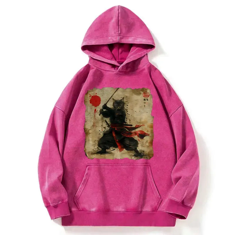 Kyoto-Lion Retro Japanese Samurai Cat Washed Hoodie