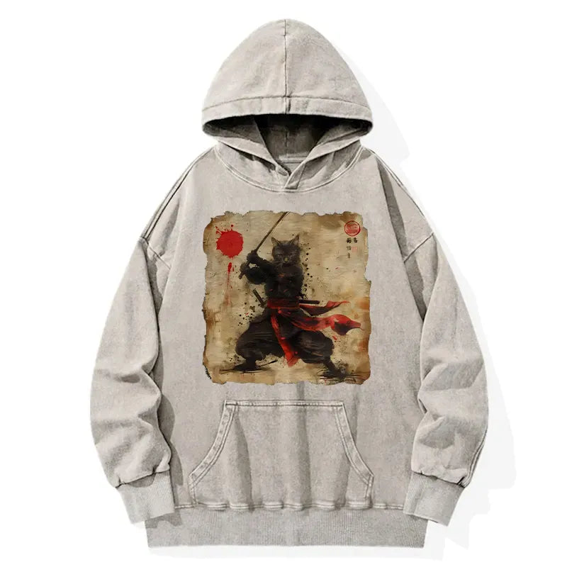 Kyoto-Lion Retro Japanese Samurai Cat Washed Hoodie