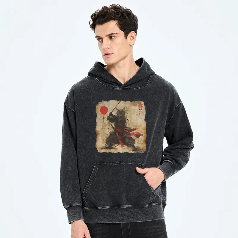 Kyoto-Lion Retro Japanese Samurai Cat Washed Hoodie