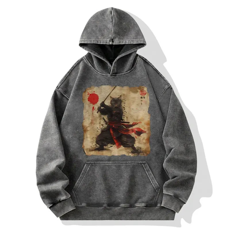 Japanese Samurai Cat Hoodie for Streetwear