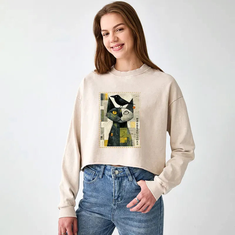 Vintage Cat Crow Sweatshirt Streetwear