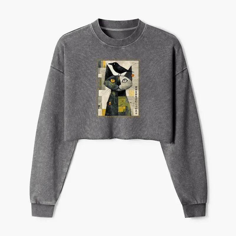 Kyoto-Lion The Cat And The Crow Are Planning To Rule The World Washed Crop Sweatshirt