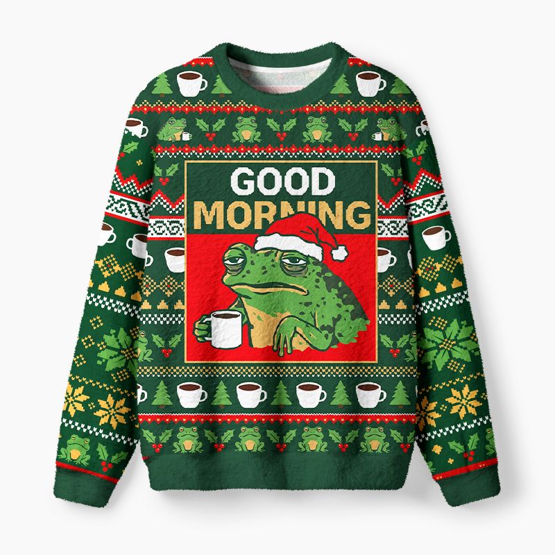 Kyoto-Lion Good Morning Grumpy Frog Coffee Fuzzy Christmas Ugly Sweatshirt