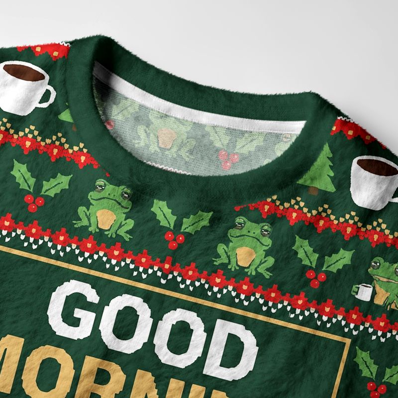 Kyoto-Lion Good Morning Grumpy Frog Coffee Fuzzy Christmas Ugly Sweatshirt