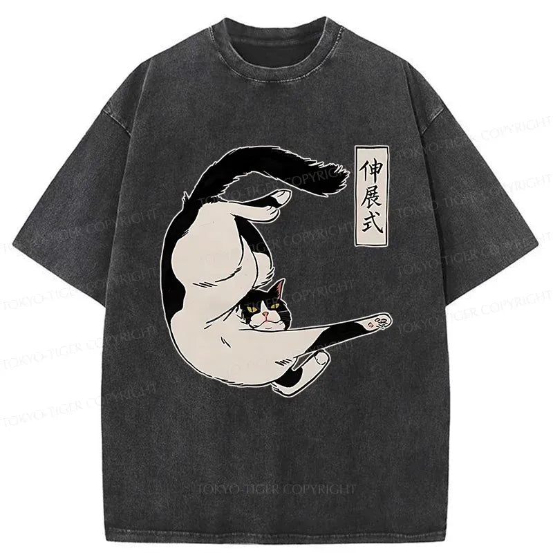 Kyoto-Lion Supine Cat Stretch Washed T-Shirt