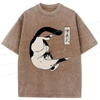 Kyoto-Lion Supine Cat Stretch Washed T-Shirt