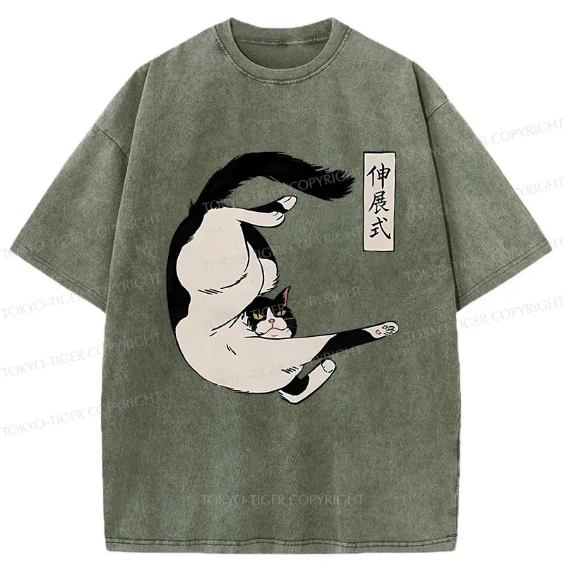 Kyoto-Lion Supine Cat Stretch Washed T-Shirt