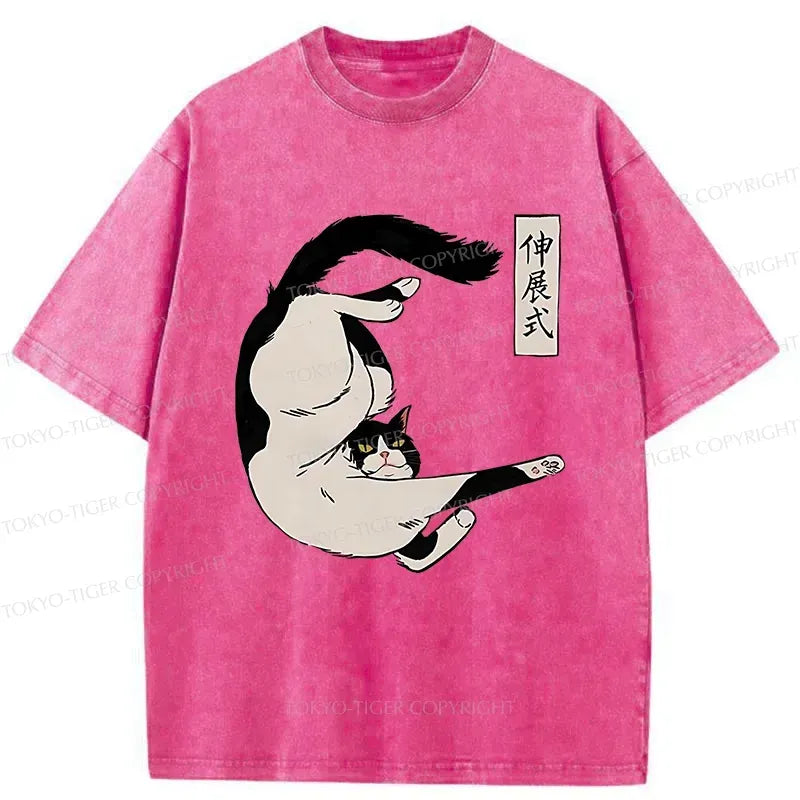 Kyoto-Lion Supine Cat Stretch Washed T-Shirt