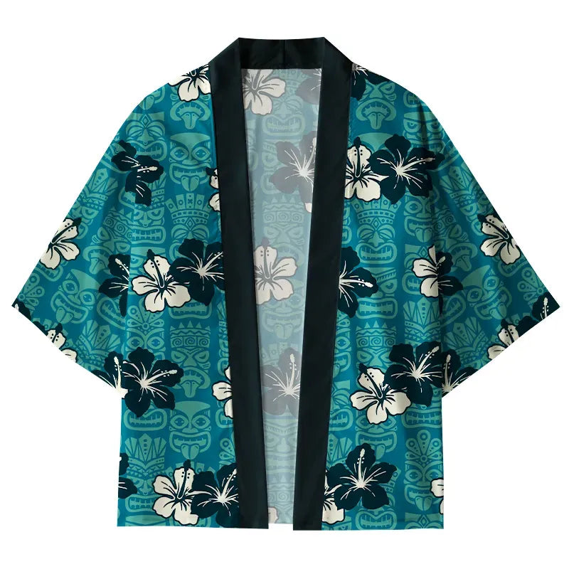 Kyoto-Lion Floral Escape Teal Kimono Cardigan