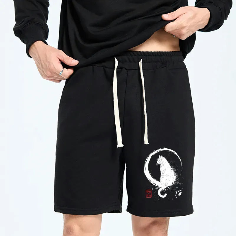 Japanese Vintage Black Cat Shorts for Summer