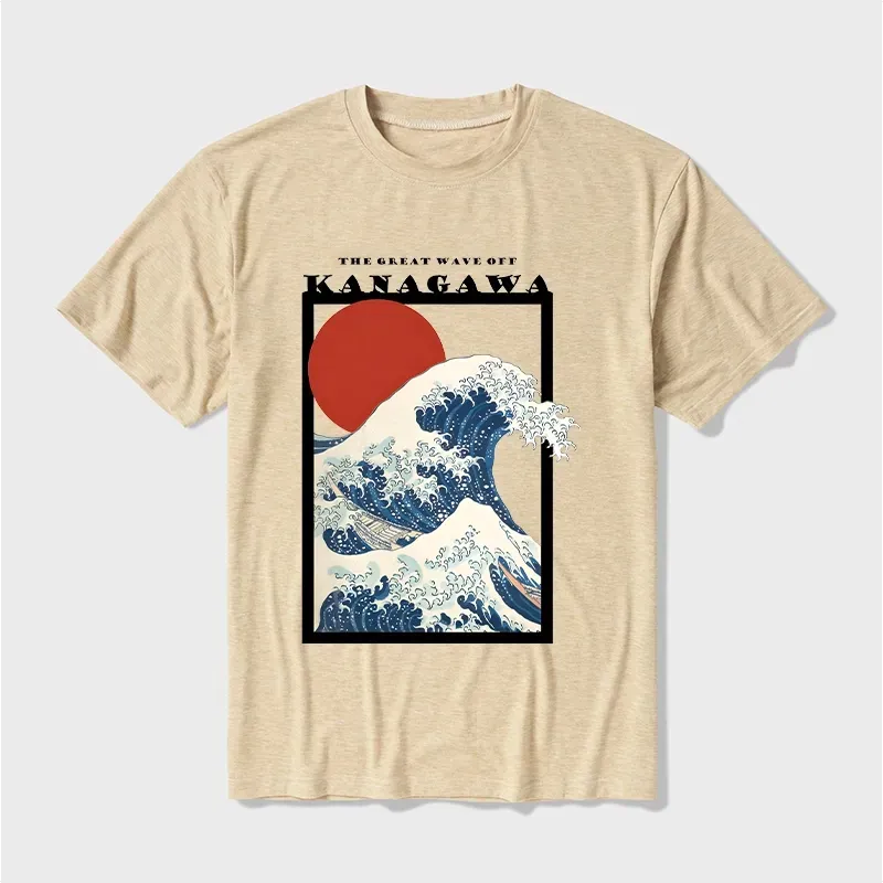 Kyoto-Lion Minimalist Ukiyo-e Waves Cotton Blend T-Shirt