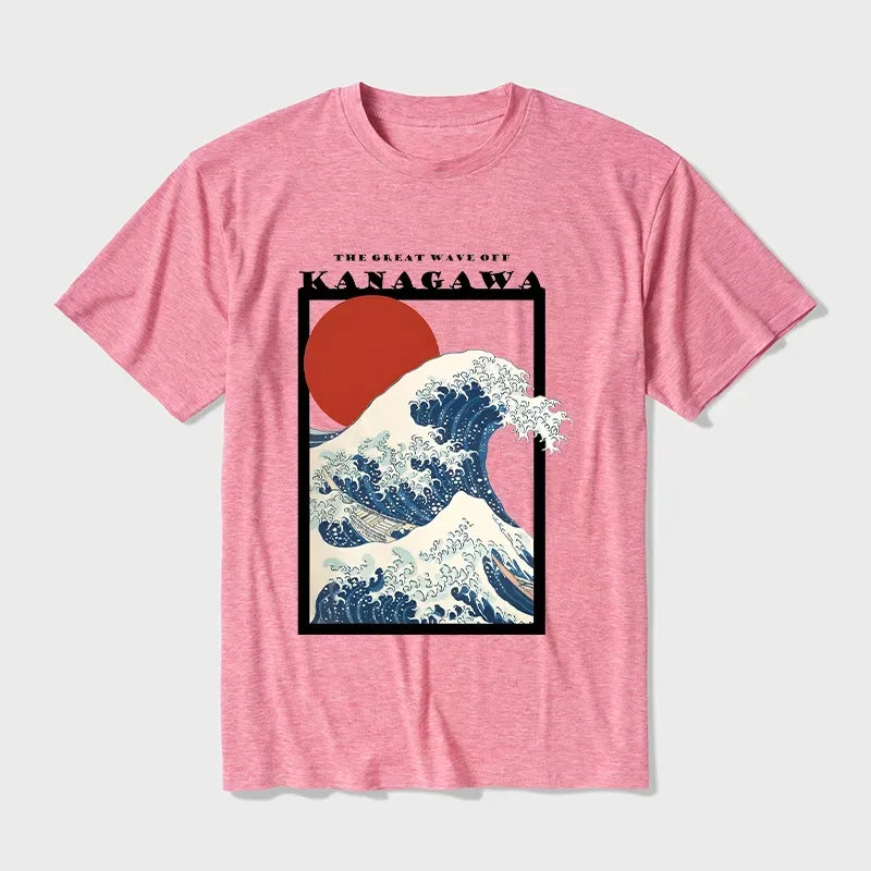 Kyoto-Lion Minimalist Ukiyo-e Waves Cotton Blend T-Shirt
