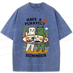 Kyoto-Lion Beach Surfing Cat Washed T-Shirt