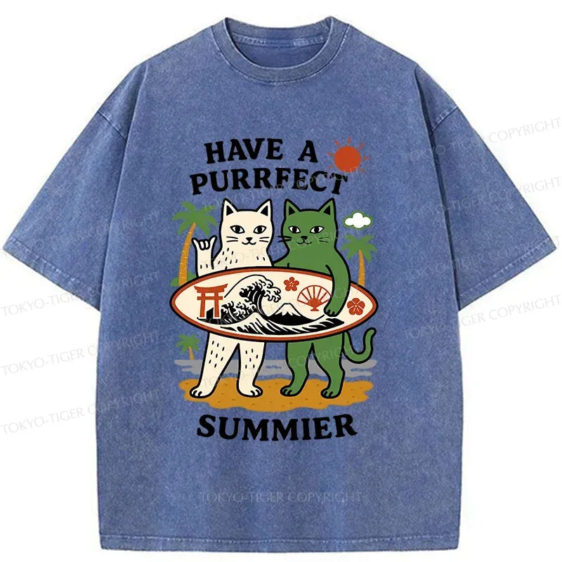 Kyoto-Lion Beach Surfing Cat Washed T-Shirt