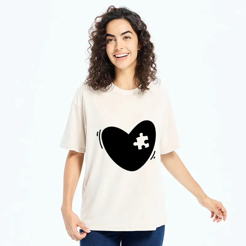 Kyoto-Lion Cute Heart Puzzle Washed T-Shirt