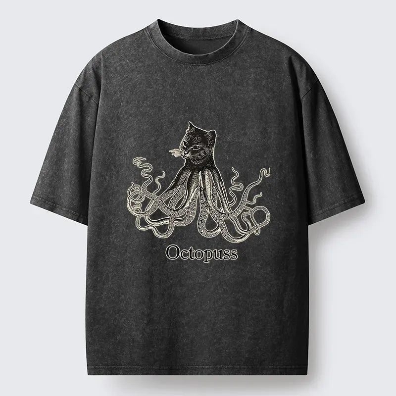 Kyoto-Lion Octopus Cat Monster Washed T-Shirt