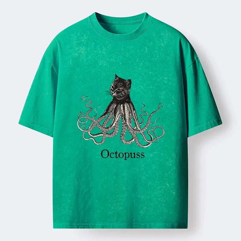 Kyoto-Lion Octopus Cat Monster Washed T-Shirt