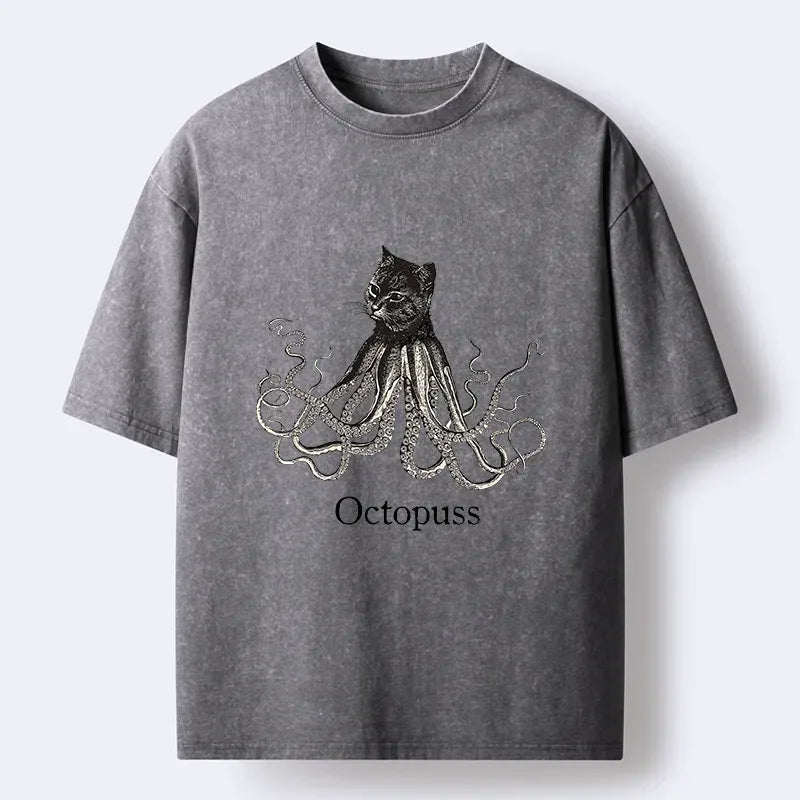 Kyoto-Lion Octopus Cat Monster Washed T-Shirt