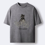 Kyoto-Lion Octopus Cat Monster Washed T-Shirt