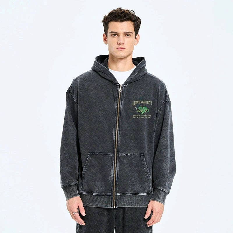 japanese washed zip hoodie for daily wear