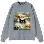 Kyoto-Lion Black Cat and Lotus Flower Washed Long Sleeve T-Shirt