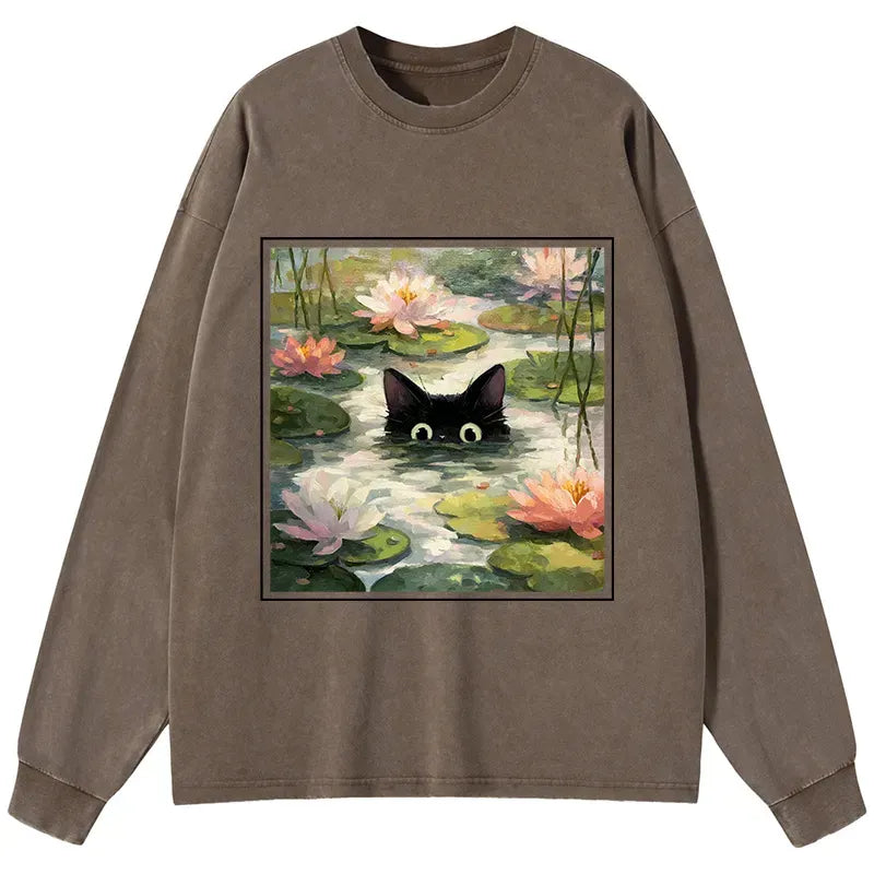 Kyoto-Lion Black Cat and Lotus Flower Washed Long Sleeve T-Shirt