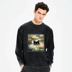 Kyoto-Lion Black Cat and Lotus Flower Washed Long Sleeve T-Shirt