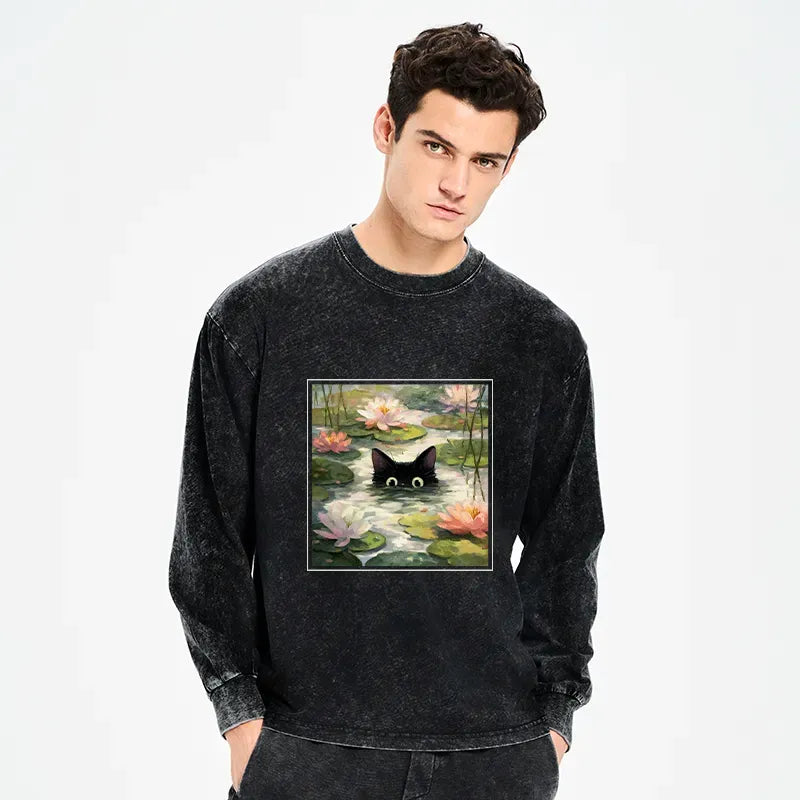 Kyoto-Lion Black Cat and Lotus Flower Washed Long Sleeve T-Shirt