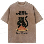 Kyoto-Lion Black Cat Eating Pasta Washed T-Shirt