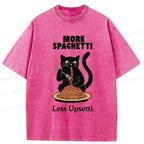 Kyoto-Lion Black Cat Eating Pasta Washed T-Shirt