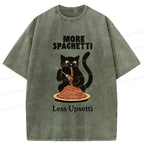 Kyoto-Lion Black Cat Eating Pasta Washed T-Shirt