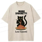 Kyoto-Lion Black Cat Eating Pasta Washed T-Shirt