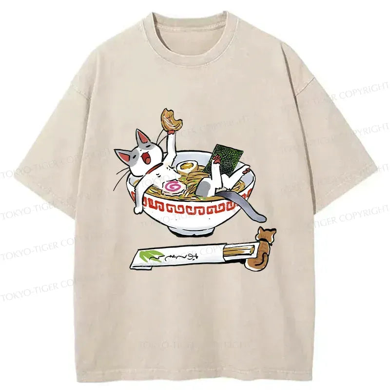 Kyoto-Lion Cute Cat Ramen Washed T-Shirt
